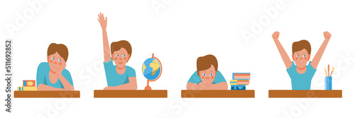 collection of emotions of a cute schoolboy sitting at a desk. A set of vector illustrations in a flat cartoon style