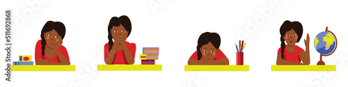 An African-American schoolgirl is sitting at a desk. A set of emotions of a pretty African-American girl student. Vector illustration in a flat cartoon style.