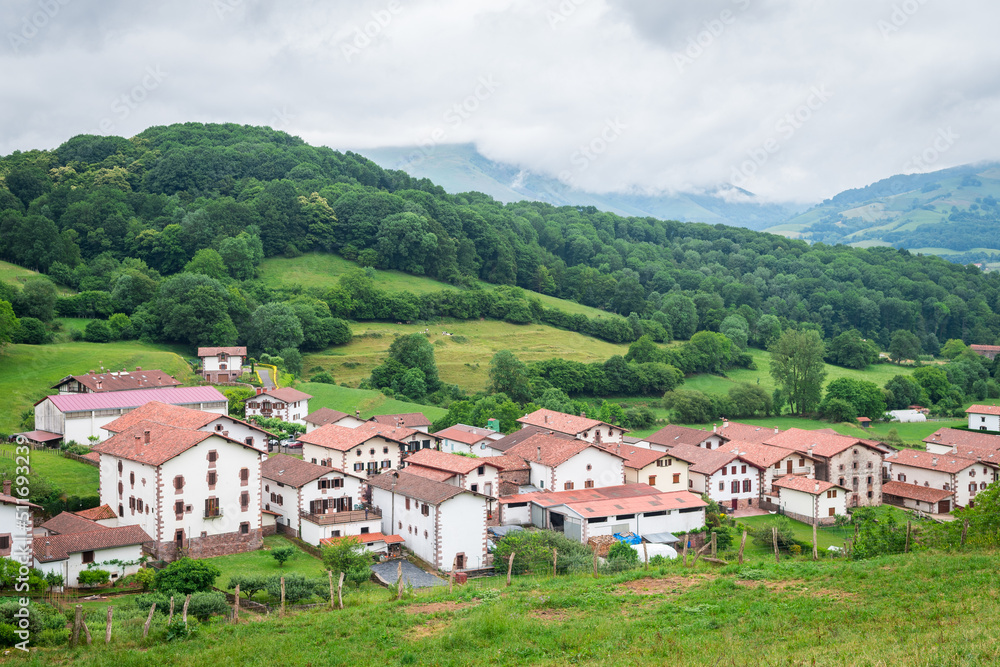 panoramic view of pyrenees mountains and countryside town, spain
