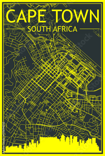 Yellow printout city poster with panoramic skyline and hand-drawn streets network on dark gray background of the downtown CAPE TOWN, SOUTH AFRICA