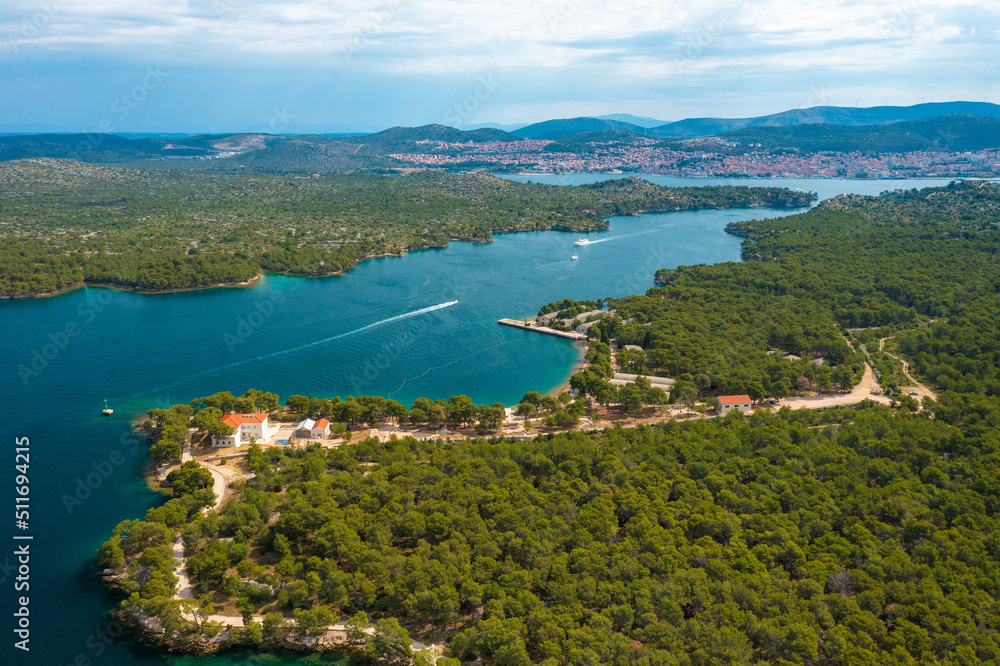 Aerial view of an estuary of the Krka River called St. Anthony Channel