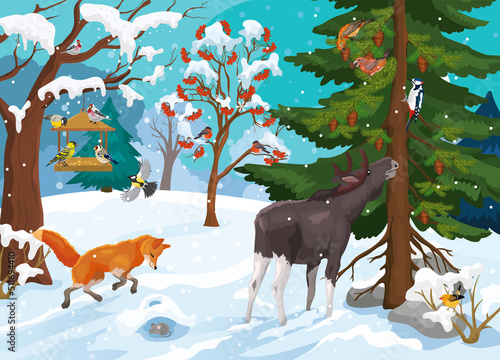 Vector illustration forest animal life in winter