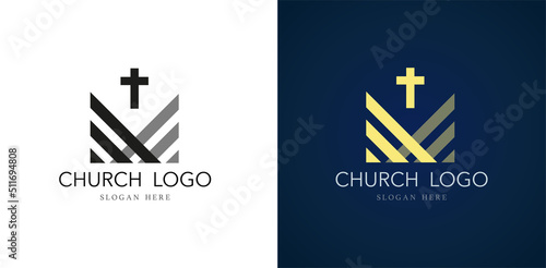 Christian cross church logo. Christianity symbol of Jesus Christ and reconciliation. Silhouette outline of cross illustration isolated on white background. Vector modern church logo design or sign.