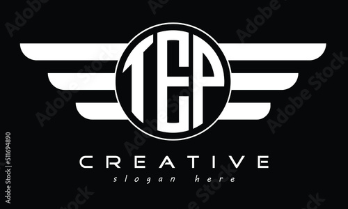 TEP three letter circle with wings logo design vector template. wordmark logo | emblem logo | monogram logo | initial letter logo | typography logo | business logo | minimalist logo | 