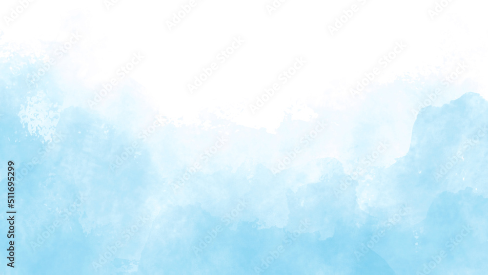 Fototapeta premium Blue turquoise white watercolor background for poster, brochure or flyer, wedding cards. Abstract sky. Horizontal banner template. Copyspace. Website graphics