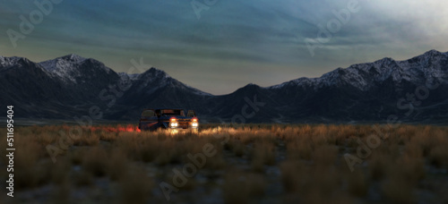 Pickup truck with illuminated lights on a vast grass plain with distant mountains at dusk. 3D render.