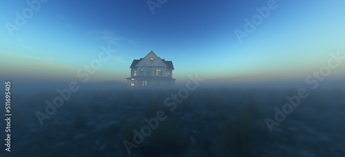 Detached victorian house in a misty vast grass plain at dusk. 3D render.