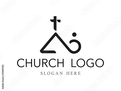 Christian cross church logo. Christianity symbol of Jesus Christ and reconciliation. Silhouette outline of cross illustration isolated on white background. Vector modern church logo design or sign.