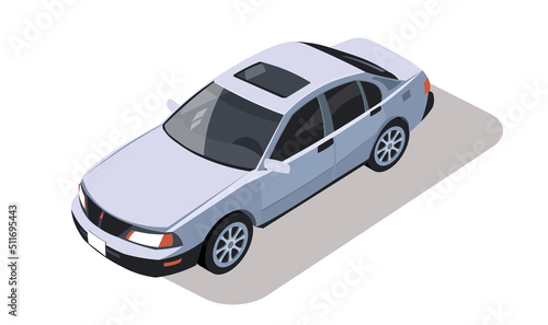 Car isometric view. Vehicle gray color. Sedan type model collection. Design element for road city, urban, street. 3d automobile with shadow isolated on white background. Flat Vector illustration photo
