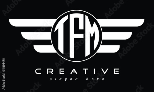 TFM three letter circle with wings logo design vector template. wordmark logo | emblem logo | monogram logo | initial letter logo | typography logo | business logo | minimalist logo | 