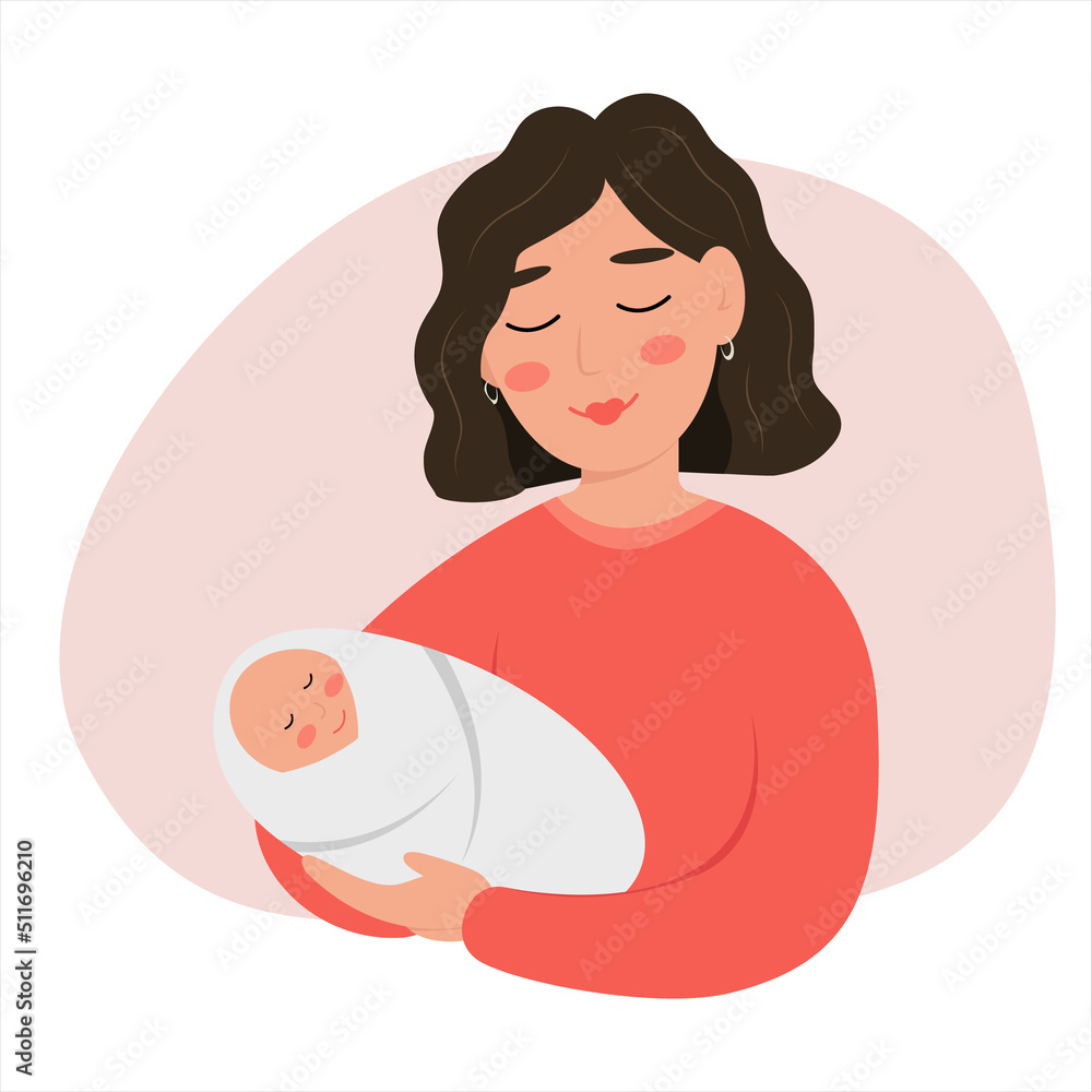 Happy mother with newborn baby. Loving mother is holding sleeping baby in her arms. Flat vector illustration.