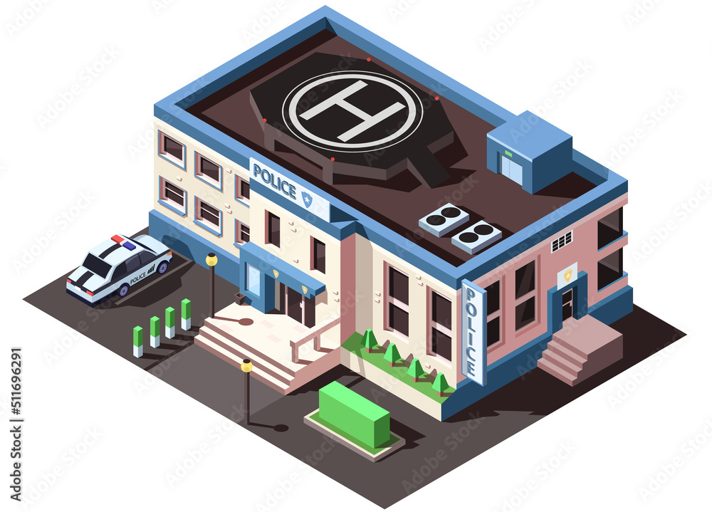 Building of police department, station with helipad on roof and standing police car. 3D element of city, town, urban infrastructure. Isometric vector illustration.