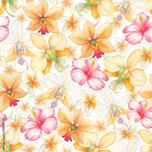 Watercolor seamless pattern of tropical flowers: orchids, plumeria, hibiscus on a white background. The hand-painted jungle paradise background is perfect for textiles and scrapbooking.