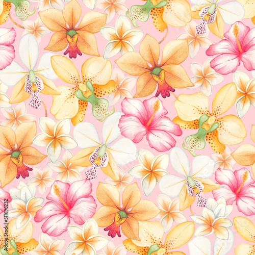 Watercolor seamless pattern of tropical flowers: orchids, plumeria, hibiscus on a pink background. The hand-painted jungle paradise background is perfect for textiles and scrapbooking.