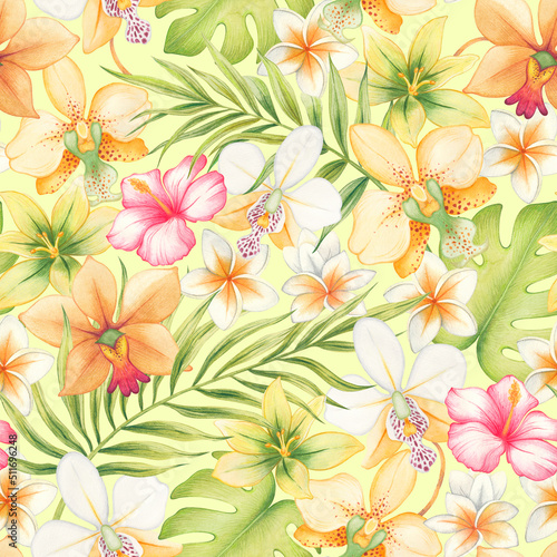 Palm leaves, tropical orchid flowers, hibiscus, frangipani plumeria on a yellow background, botanical watercolor. Seamless patterns.
