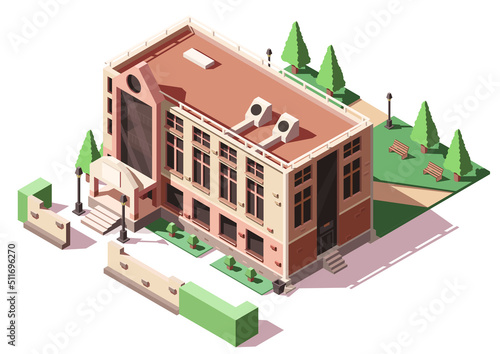 Building of college, university, school with park, yard. 3D element of city, town, urban infrastructure. Educational Institution. Isometric vector illustration.