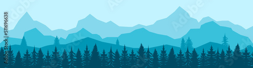 Forest panorama with coniferous trees. Horizontal panoramic seamless banner with hilly forest background, pine, cedar, wood in dark and light blue tones. Flat vector illustration.
