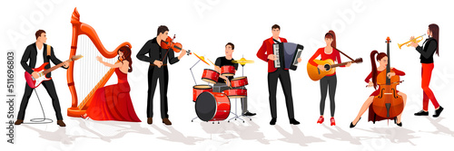 Musicians band set. Orchestra group. Girl guitarist, violinist. Man drummer. Woman in red dress play on harp, cello. Rock and classic music instrument isolated on white background. Vector illustration