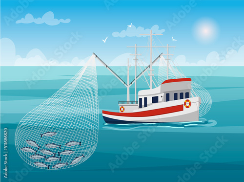 Seiner hunting fish. Concept of industry ship in working process. Horizon with clouds and sun in the background. Vector graphic illustration