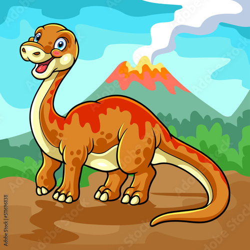 cartoon brontosaurus mascot isolated on erupting mountain scenery background