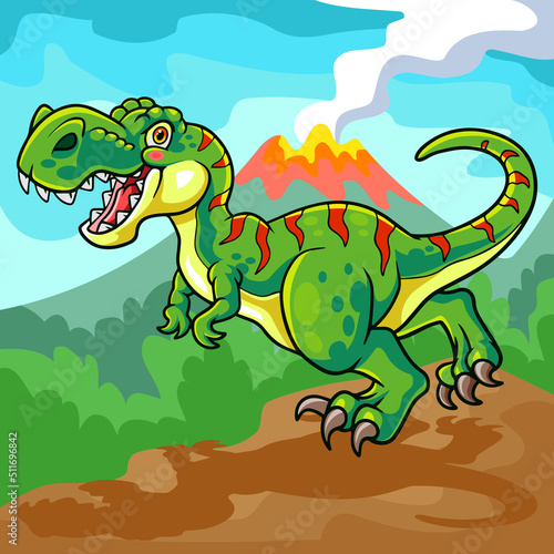 cartoon tyrannosaurus rex mascot isolated on erupting mountain scenery backgroundPrint photo