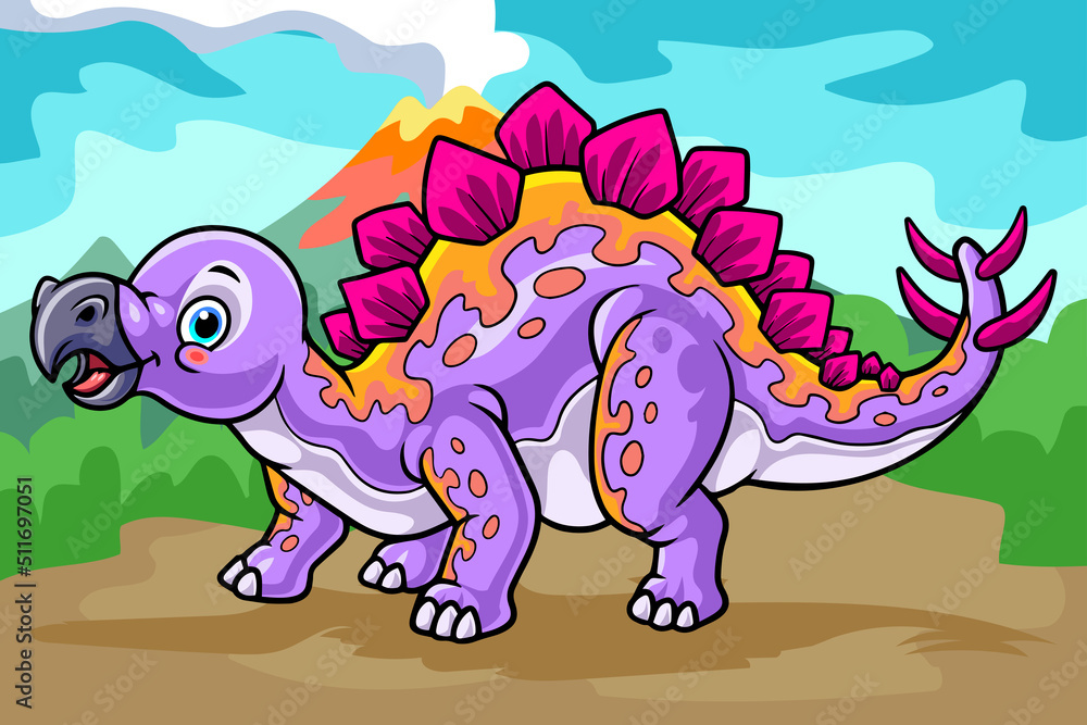 cartoon stegosaurus mascot isolated on erupting mountain scenery background