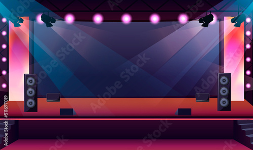 Concert stage with black screen by spot lights. Scene with dance floor and music speakers. Night club bright Interior. Pop, rock festival event. Auditorium hall for cinema premier. Vector illustration