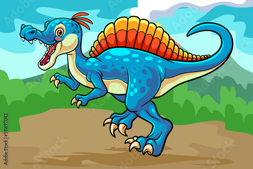 cartoon spinosaurus mascot isolated on erupting mountain scenery background