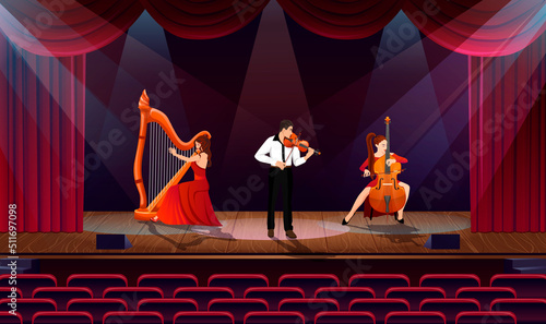 Classical music concert. Symphonic orchestra group on theatre, opera scene. Musicians band on stage. Woman in red dress playing harp. Man violinist. Girl play on cello. Empty hall. Vector illustration