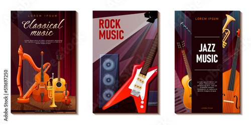 Musical concert poster. Festival jazz, classic, rock music live sound. Flyer with music instruments. Guitar, cello, harp, trumpet, violin, electric or bass guitar voice speakers. Vector illustration