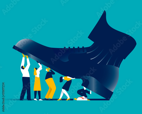 Large men's shoe trying to trample a group of men and women, probably office workers. Cooperation between colleagues, exploitation of employees concepts. Vector illustration