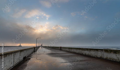 Canal Park sunrise with lighthouses in Duluth