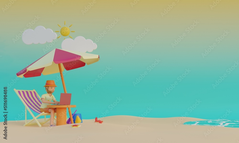 3D summer banner template with beach island work everywhere 3D Render