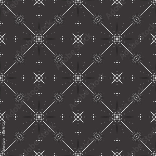 Vector seamless dark celestial pattern with different stars on a black. Esoteric mystical ornate background for wrapping paper, packaging, fabric and wallpaper