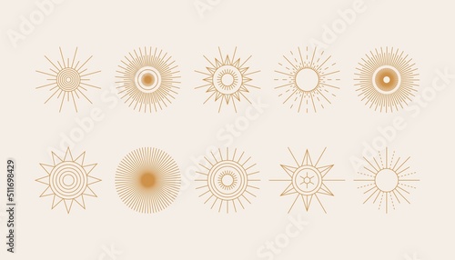 Boho linear sun icon set. Abstract design elements, minimal symbols for logo, tattoo, stories. Modern vector illustration