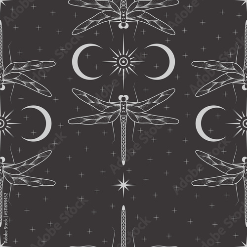 Vector seamless dark celestial pattern with different stars, crescent and dragonfly on a black. Insect illustration. Esoteric mystical background for wrapping paper, packaging, fabric and wallpaper