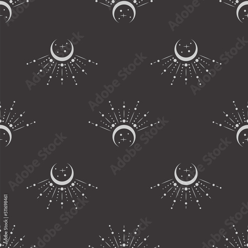 Vector seamless dark celestial pattern with crescents, beams and stars on a black. Esoteric mystical background for wrapping paper, packaging, fabric and wallpaper