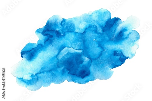 Blue watercolor abstract background. Water drops, splatters. Colorful hand painted texture, wash.