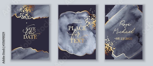 Set of vertical backgrounds. Black, grey, white watercolor fluid painting vector design. Dusty pastel, neutral and golden marble. Dye elegant soft splash style. Alcohol ink imitation. Wedding cards.