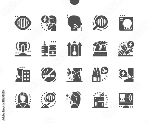 Laryngitis. Discomfort in throat. Treatment and inhaler. High temperature. Health care, medical and medicine. Vector Solid Icons. Simple Pictogram