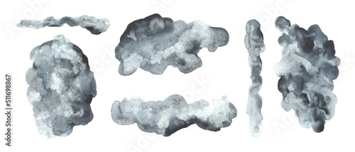 Black, white, grey watercolor abstract stains. Grunge hand painted textures, washes, design elements.