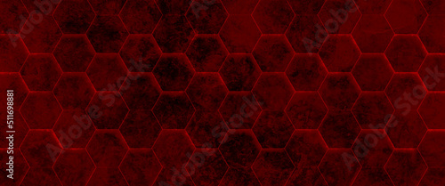 Abstract background of red marble hexagon tiles with gray gaps between them, red background of hexagons of different heights, top lighting., technological backdrop. 