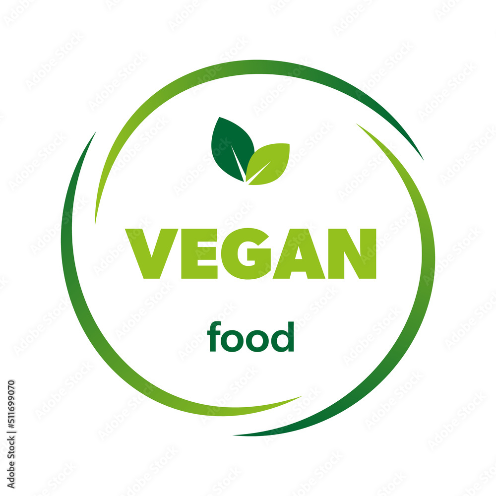 Vegan food label, sticker, badge and logo. Vegan food icon. Logo template with green leaves for vegan friendly products. Vector illustration. Vegan food label, sticker, badge and logo. Vegan food icon. Logo template with green leaves for vegan friendly products. Vector illustration.