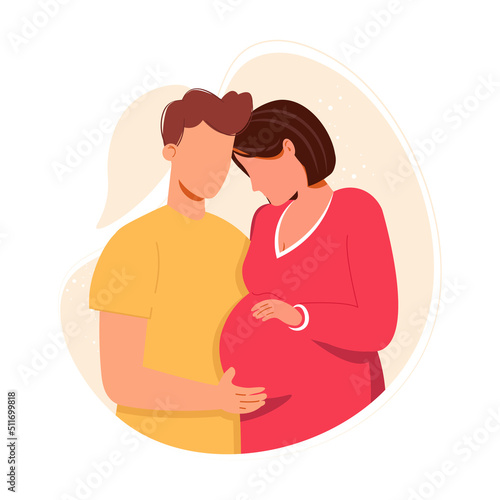 Happy expecting couple. Pregnancy and parenthood concept vector illustration. Cute cartoon concept illustration of a couple expecting a baby, healthcare, pregnancy, medicine. Happy young family. 