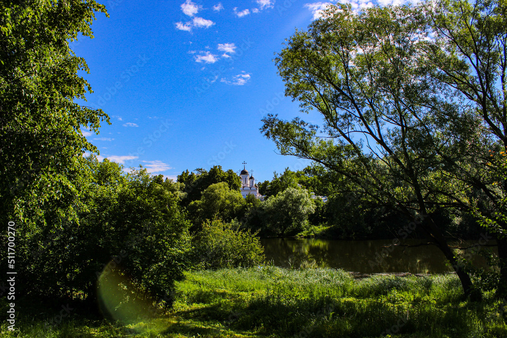 Obraz premium The temple seen in the distance among the beautiful summer nature