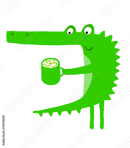 Green smiling cartoon crocodile holding cup of cappuccino on white background (ID: 511700289)