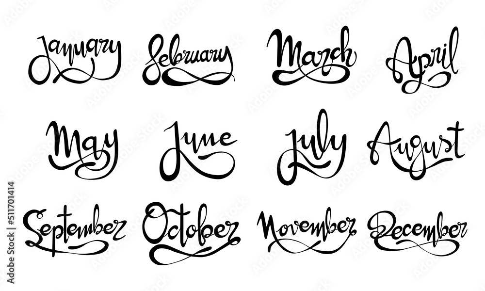 Letrero de letras escritas a mano y vectorizado con los meses del año. Recurso grafico sobre fondo blanco