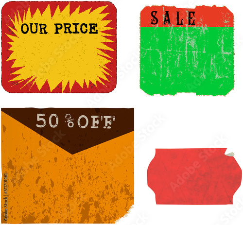set of empty grungy adhesive price stickers, ripped discount stickers with free copy space, vector