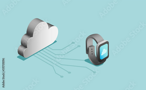 Synchronize your smartwatch with cloud storage. Vector illustration on a green background.