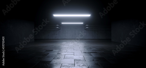 Fototapeta Naklejka Na Ścianę i Meble -  Modern Concrete Cement Asphalt Garage Hangar Underground Parking Warehouse Basement Dark Car Showroom Glowing Lights 3D Rendering